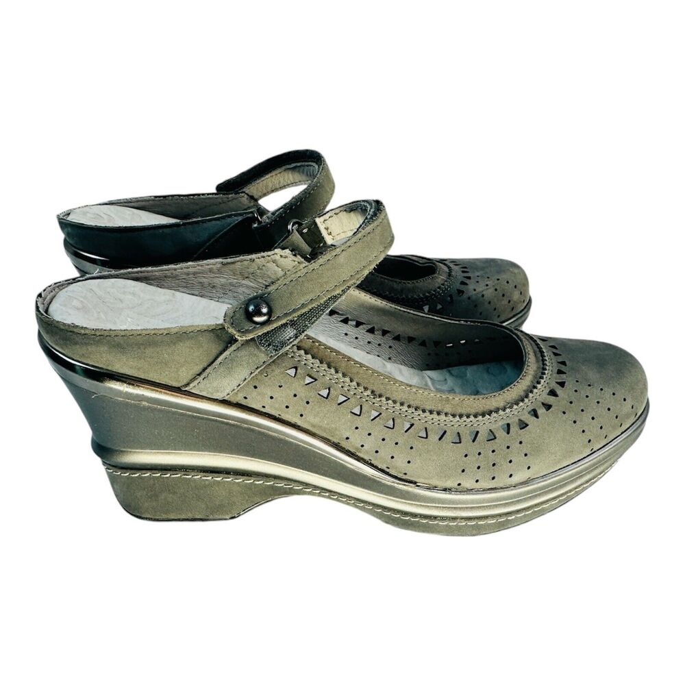 Jambu Women’s Taupe Bronze Leather Upper Slide On Wedge Shoes Sz 8
